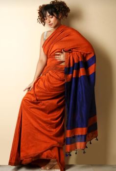 Dark Orange & Dark Blur Plain Cotton From Bengal saree
