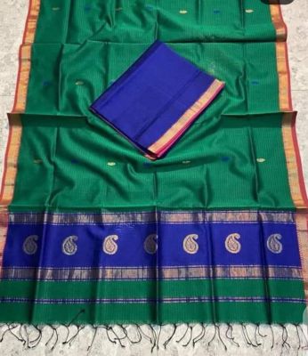Pine Green Pure Handloom Maheswari Silk Cotton Saree From Bengal