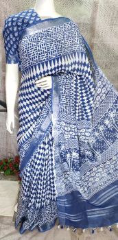 Cloud Burst Hand Block Printed Cotton Saree From Bihar