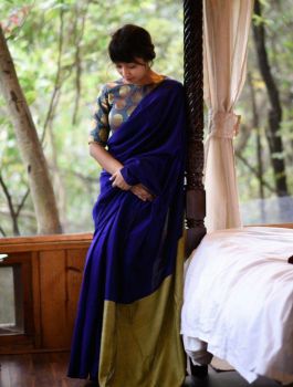 Royel Blue & Muga Silk Cotton From Bengal Plain saree
