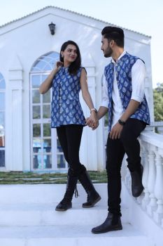 Navy Blue Pure Hand Block Printed Cotton Jacket Couple Set