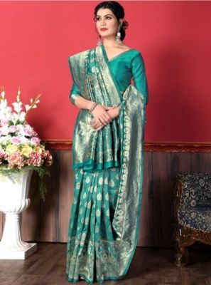 Dark Aquamarine Pure Handloom Banarasi Silk Saree From Banaras