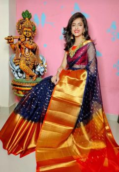 Navy Blue Kora Organza Silk Butti Saree From Banaras