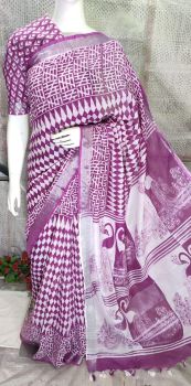 Light Plum Hand Block Printed Cotton Saree From Bihar