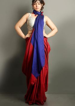 Maroon & Blue Plain Silk Cotton From Bengal saree