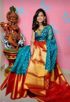Pacific Blue Kora Organza Silk Butti Saree From Banaras