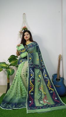 Grayish Green Pure Handloom Dhakai Jamdani Saree From Bengal