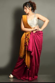 Muga & Tomato Red Plian Silk Cotton From Bengal saree