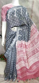 Oslo Grey Hand Block Printed Cotton Saree From Bihar