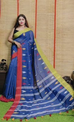 Navy Blue Pure Handloom Silk Cotton Saree From Bengal