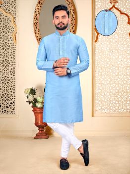 Men Jeans Blue Silk Embroidery Work Neck Pattern kurta