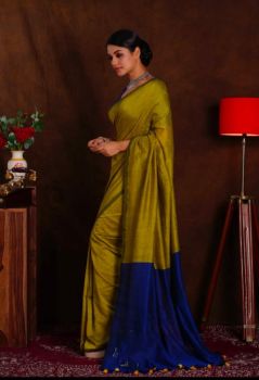 Muga & Blue Plain Silk Cotton From Bengal saree