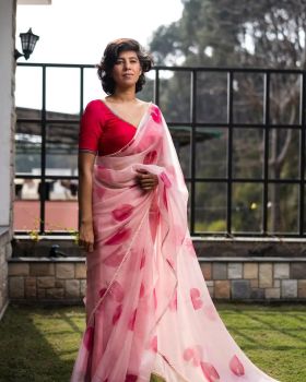 Pink Organza Flower Design Saree