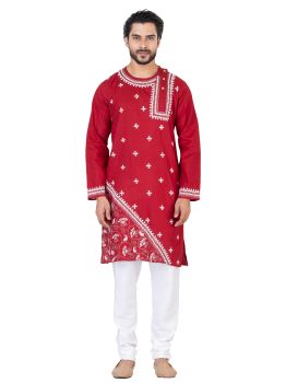 Maroon Pure Handloom Kantha Stitch Cotton Kurta