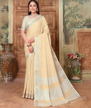 Peach Yellow Pure Handloom Silk Cotton Saree From Banaras