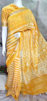 Deep Saffron Hand Block Printed Cotton Saree From Bihar