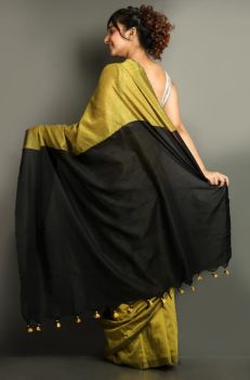Muga & Black Plain Silk Cotton From Bengal saree