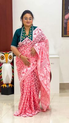 Pink Pure Handloom Dhakai Jamdani Saree From Bengal
