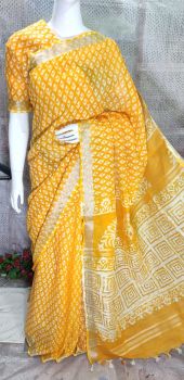 Dark Yellow Hand Block Printed Cotton Saree From Bihar