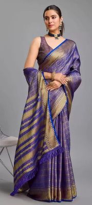 Purple Blue Pure Handloom Silk Saree From Banaras