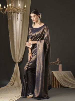 Charcoal Grey Party Wear Tissue Silk Saree