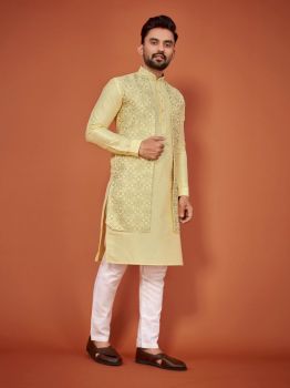 Men Very Light Brown Bangalore Silk with attached Jequard Koti Kurta