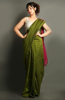 Dark Green & Red Plain Silk Cotton From Bengal saree