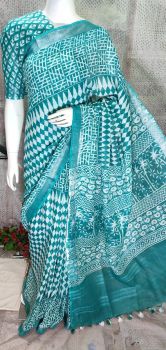 Deep Aqua Block Printed Cotton Saree From Bihar
