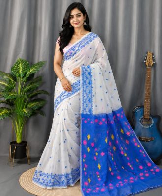 White Blue Pure Handloom Dhakai Jamdani Saree From Bengal