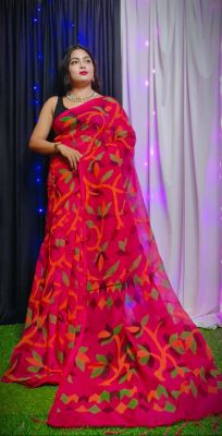 Raspberry Red Pure Handloom Dhakai Jamdani Saree From Bengal