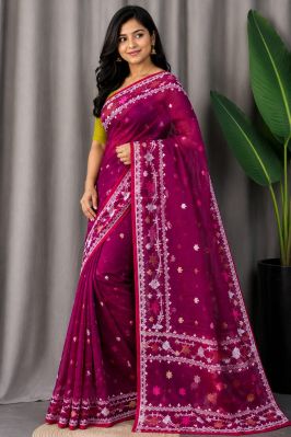 Dark Magenta Pure Handloom Dhakai Jamdani Saree From Bengal