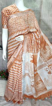 Brown Hand Block Printed Cotton Saree From Bihar