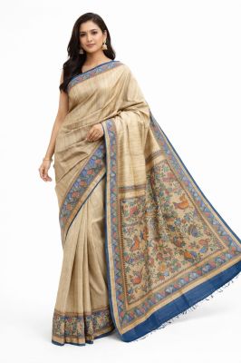Cream Classic Madhubani Pure Handloom Women Tassar Silk Saree