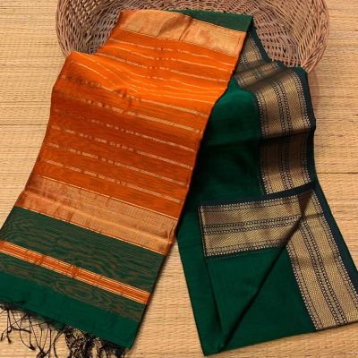 Orange Green Pure Handloom Maheshwari Silk Cotton Saree From Bengal