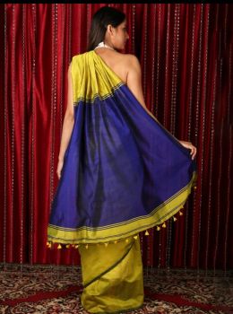 Lemon Yellow & Blue Plain Silk Cotton From Bengal saree