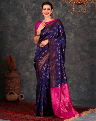 Midnight Blue Pure Handloom Banarasi Silk Saree From Banaras