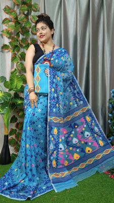 Blue Pure Handloom Dhakai Jamdani Saree From Bengal
