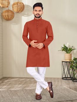 Men Dark Pastel Red Plain Traditional Kurta