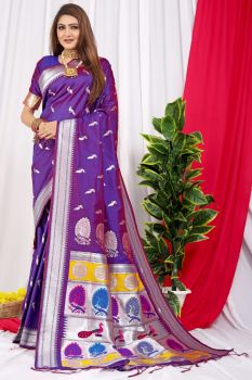 Purple Peacock Design Rich Pallu Meenakari Work Paithani Soft Silk Saree