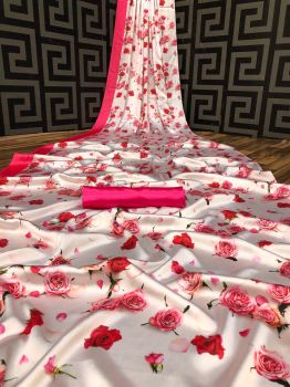 Pinkish White Digital Printed Flower Design Heavy Satin Silk Saree