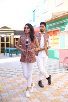 Light Red Pure Hand Block Printed Cotton Jacket Couple Set