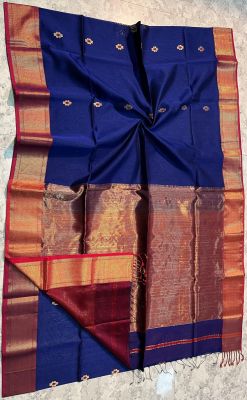 Navy Blue Pure Handloom Meheshwari Silk Saree From Bengal