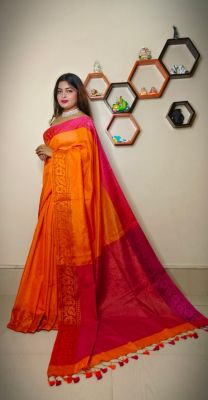 Orange Pure Handloom Tissue Silk Saree From Bengal