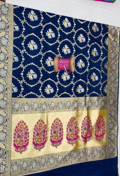 Dark Navy Blue Flower Design Silk Ikat Patola Saree