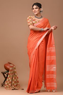 Orange Pure Handloom Linen By Linen Saree From Bengal