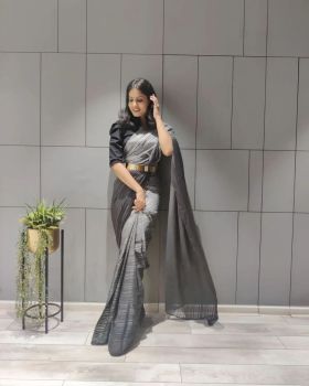 Black Grey Ready To Wear Stripes Chiffon Saree