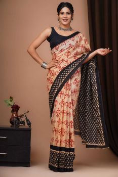 Dark Cream Hand Block Cotton Pure Handloom Flower Design Saree