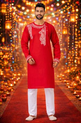 Ethnic Red Printed Kurta Pyjama Set – Festive Special Traditional Look for Men