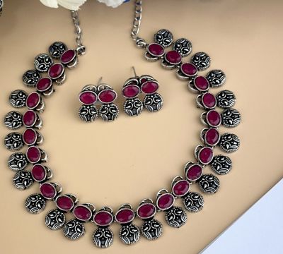 Silver Pure Oxidised Necklace With Red Stone Jewellery