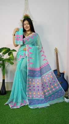 Aqua Blue Pure Handloom Dhakai Jamdani Saree From Bengal